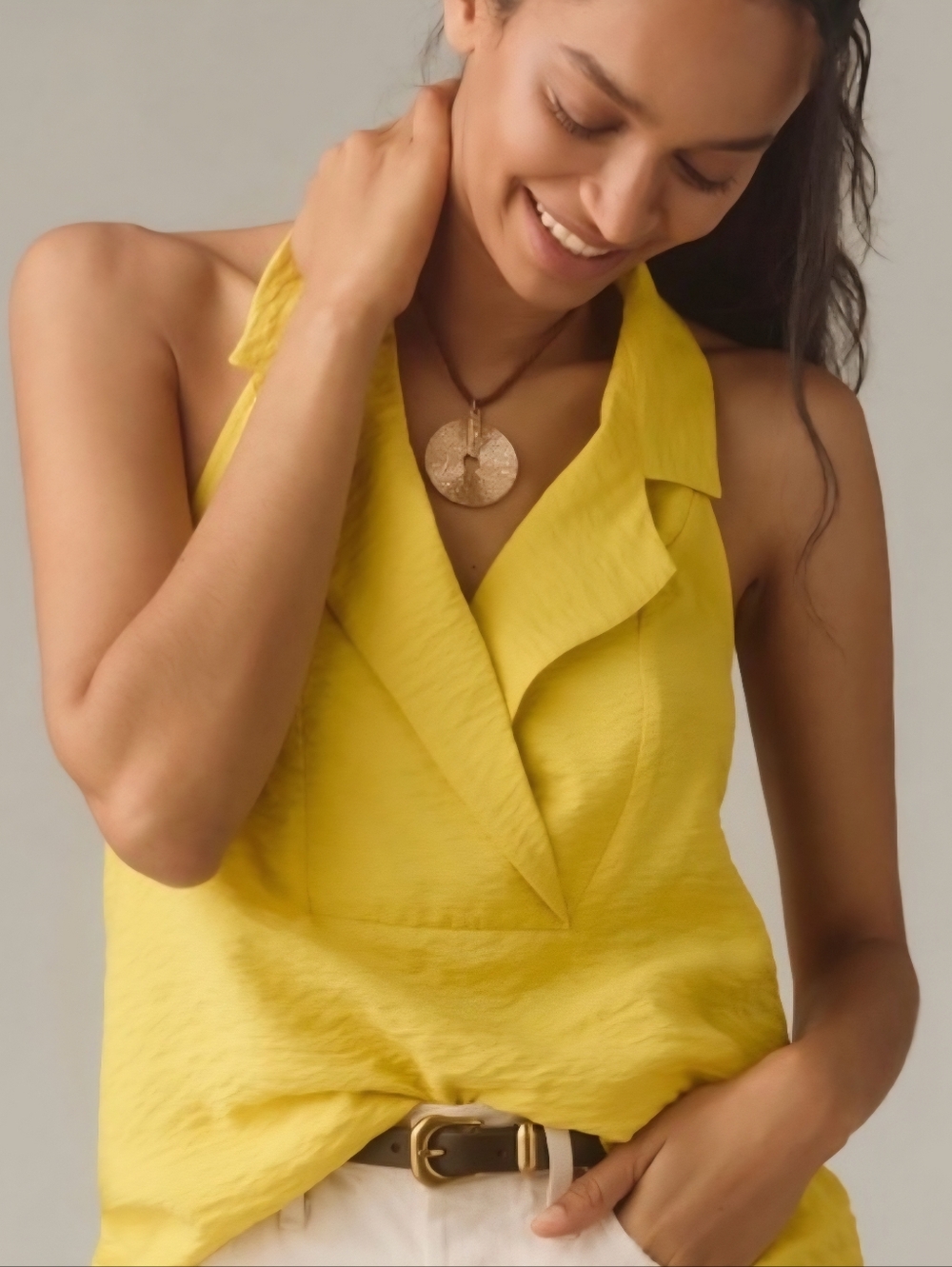 Anthropologie Yellow "The Dylan" Collared Halter Open Back Sleeveless Top - Picture 15 of 15